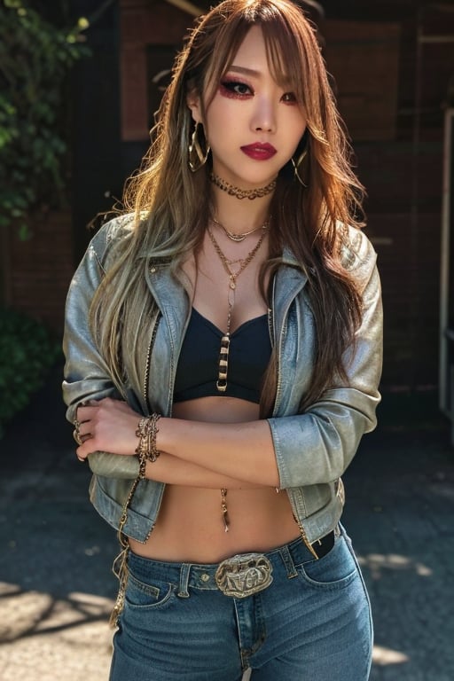 Japanese levi's girl 36 years old standing candidly, flirty pose, she is wearing levi's clothes, jewel bracelerts, waist chain, fashion outfit, levi's denim jacket ex-boyfriend type, raw style, punk like make up, large hoop earrings, long hair, kairi sane hairstyle, blonde hair, Sony A7III, aspect ratio 1:2, hyperreal, photorealistic quality, dramatic backlighting, soft shadows, depth of field, ultra clear, UHD drawing