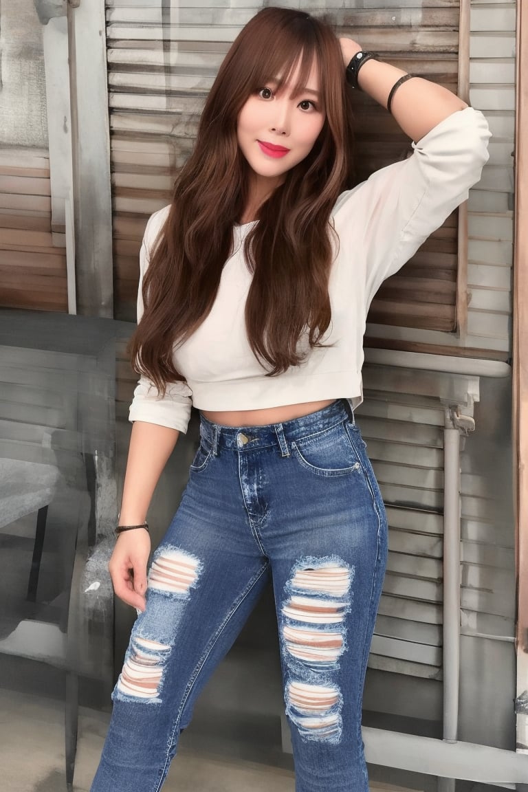 beautiful detailed eyes, tight jeans, cropped denim jacket, kairi sane hairstyle, red lips,kairisane