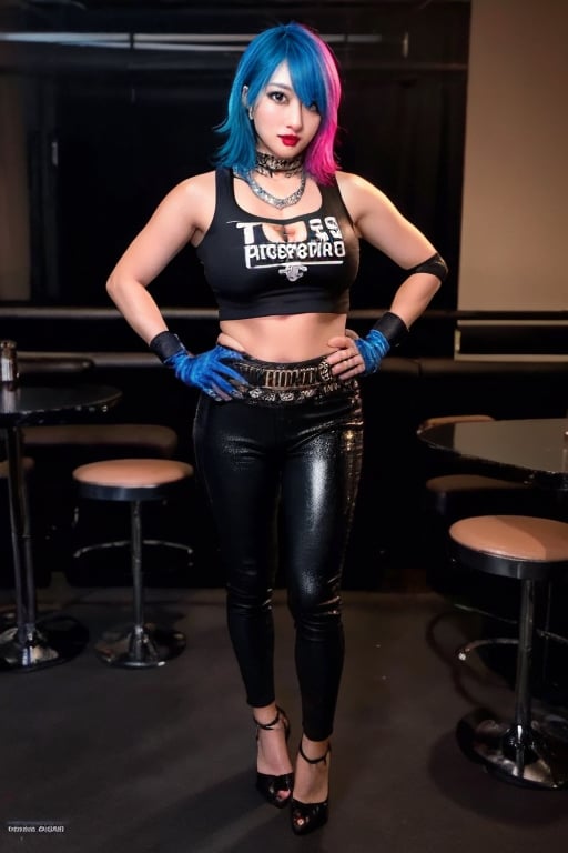 Japanese punk fashion influencer in her 40s posing provocatively in a crop top shirt and tigh leather pants full body in a strip club, she is wearing sexy punk clothes, leather bracelerts, punk girl gloves, waist chain, punk fashion, raw style, punk like make up, large hoop earrings, short hair, Asuka hairstyle, blue pink hair, Sony A7III, aspect ratio 1:2, hyperreal, photorealistic quality, dramatic backlighting, soft shadows, depth of field, ultra clear, UHD drawing