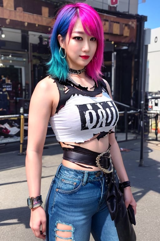 Japanese punk fashion influencer in her 30s standing candidly, defiant pose, she is wearing cool punk clothes, torn jeans, leather bracelerts, waist chain, punk fashion, raw style, punk like make up, large hoop earrings, short hair, Asuka hairstyle, blue pink hair, Sony A7III, aspect ratio 1:2, hyperreal, photorealistic quality, dramatic backlighting, soft shadows, depth of field, ultra clear, UHD drawing