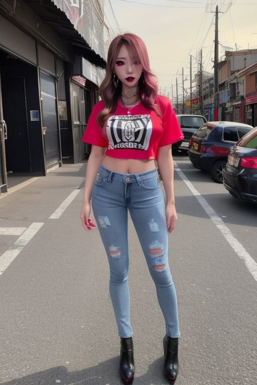 Japanese onlyfans model woman posing in a red district, 36 years old, dark lips, kairi sane hairstyle, typical hot outfit, large hoop earrings, sexy t-shirt, punk girl makeup, full body shot, slim girl, sexy body, long nails,sexy high acid washed jeans,Sexy Pose,1 girl 