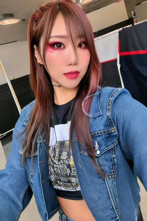 Kairi Sane, she is wearing jeans, cropped denim jacket and a sexy t-shirt, beautiful detailed eyes