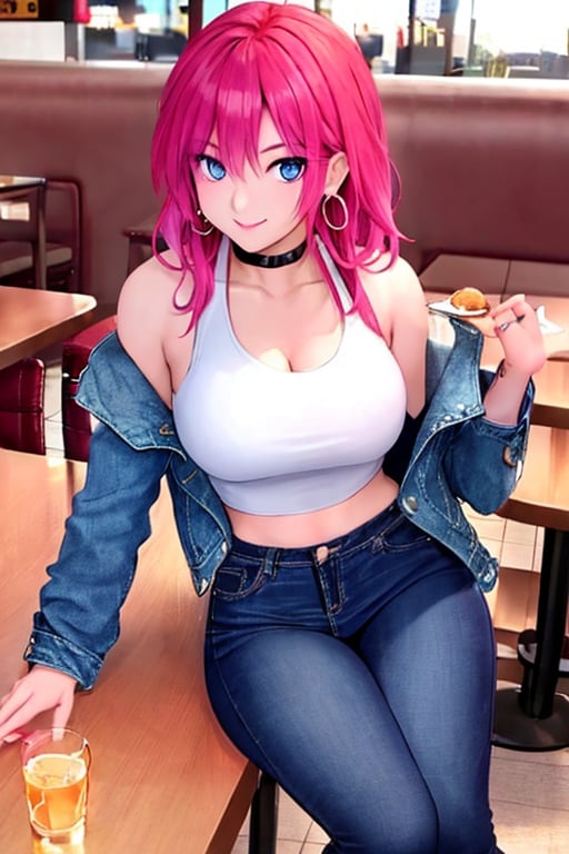 A hot baddie japanese girl is having a date and is flirting with you in a restaurant wanting to be your girlfriend, beautiful detailed eyes, flirty beautiful perfect smile, hot jeans in light blue color, cropped denim jacket, hoop earrings, asuka face, baddie make-up,asuka, full body shot