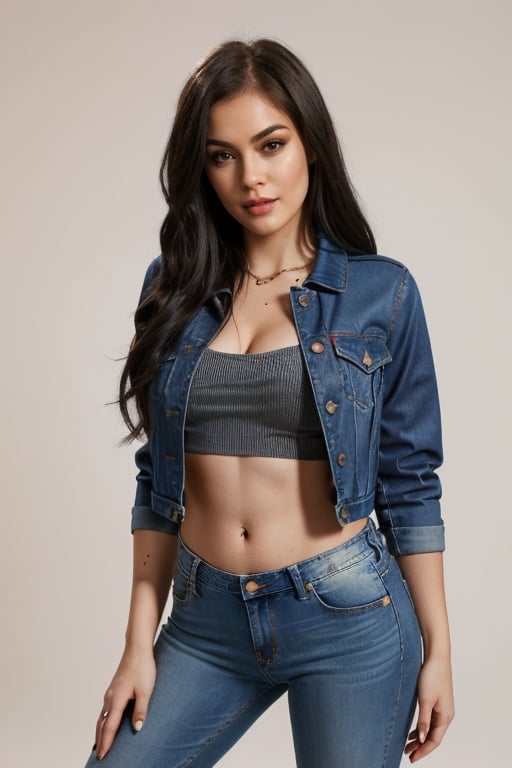 Bad and rebel girl having a good time in a photoshoot model for levi's, slim body, she is wearing a rebel and bad girl outfit with tight jeans and a cropped denim jacket to her waist