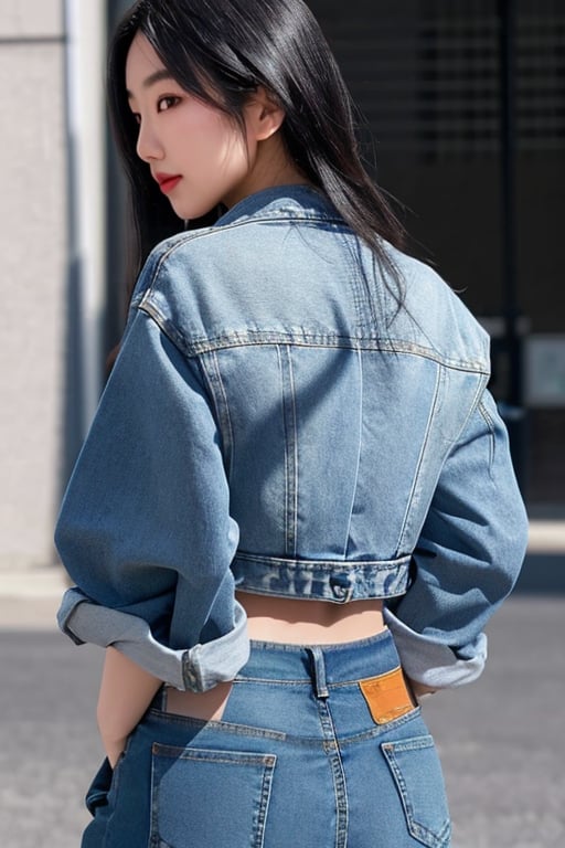 Japanese fashion influencer in her 20s standing candidly, natural pose, fitted jeans, cropped denim jacket, captured from the back, raw style, Sony A7III, aspect ratio 1:2, hyperreal, photorealistic quality, dramatic backlighting, soft shadows, depth of field, ultra clear, UHD drawing