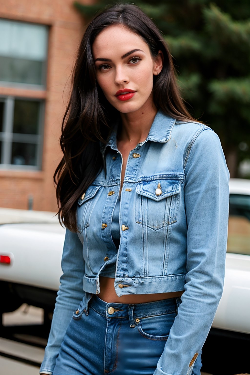 beautiful face, hot red lips, wearing cropped denim jacket and tight levis jeans in light blue color,blackbootsnjeans,Sexy Pose,Megan fox 