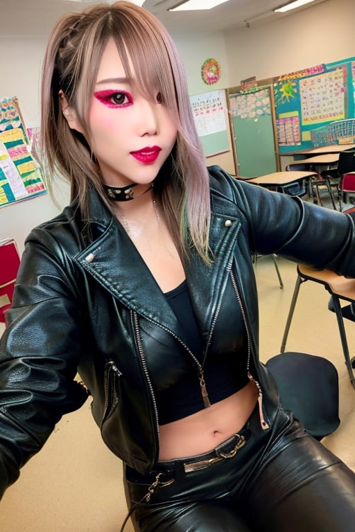 Japanese female teacher, she is a bad girl, hot makeup, red lips, teacher fashion style, leather pants, biker leather female jacket, blonde haircolor, kairi sane face, kairi sane hairstyle, she is posing sexy and sugestive in her classroom,kairisane