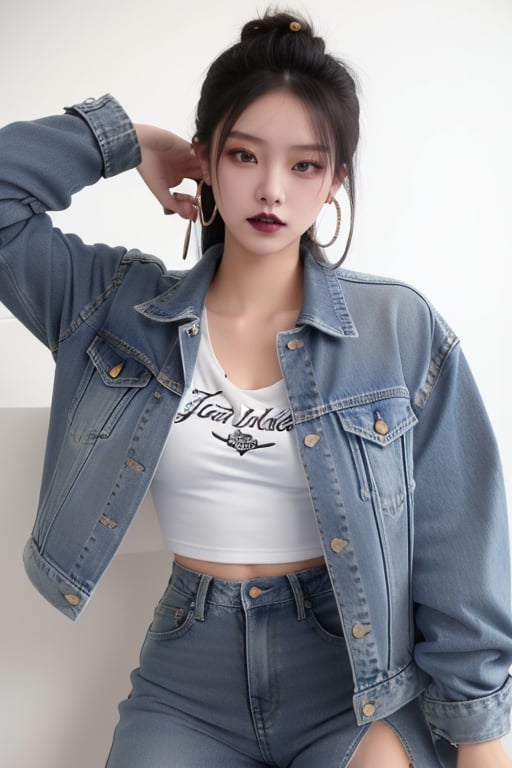 punk asian girl, 19 years old, beautiful detailed eyes, punk girl make-up, dark lips, posing sexy, 80s hairstyle, loose 80s levis jeans type, jack daniels t-shirt resemble, 80s levi's denim jacket type in very strong acid wash blue color, large hoop earrings