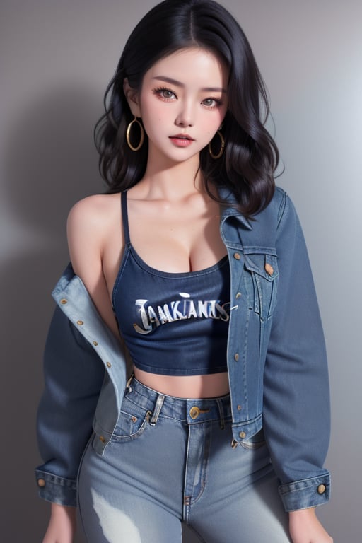 supermodel asian girl, 19 years old, beautiful detailed eyes, t, make-up, dark lips, posing sexy, 80s hairstyle, loose 80s levis jeans type, jack daniels t-shirt resemble, 80s levi's denim jacket type in very strong acid wash blue color, large hoop earrings