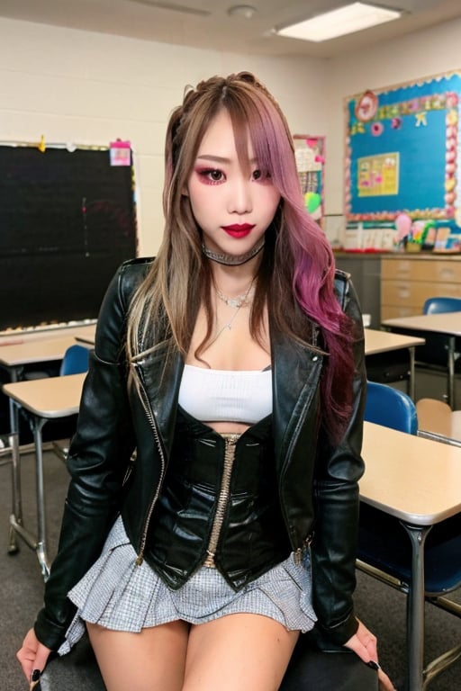 High school japanese bad girl, hot makeup, sexy biker girl jacket, high school uniform, red lips, cute style, blonde haircolor, kairi sane face, kairi sane hairstyle, she is posing sexy in her classroom,kairisane