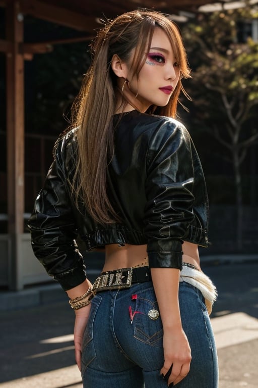 Japanese levi's girl 36 years old standing candidly, flirty pose, she is wearing levi's clothes, levi's ex-boyfriend jacket, jewel bracelerts, waist chain, fashion outfit, raw style, punk like make up, large hoop earrings, long hair, captured from the back, kairi sane hairstyle, blonde hair, Sony A7III, aspect ratio 1:2, hyperreal, photorealistic quality, dramatic backlighting, soft shadows, depth of field, ultra clear, UHD drawing