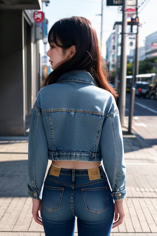 Japanese fashion influencer in her 20s standing candidly, natural pose, fitted jeans, cropped denim jacket, captured from the back, raw style, Sony A7III, aspect ratio 1:2, hyperreal, photorealistic quality, dramatic backlighting, soft shadows, depth of field, ultra clear, UHD drawing