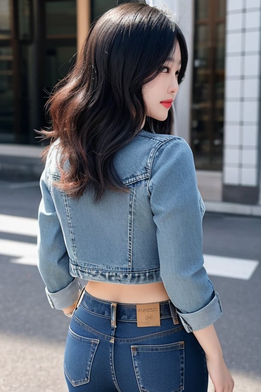 Japanese fashion influencer in her 20s standing candidly, natural pose, fitted jeans, cropped denim jacket, captured from the back, raw style, Sony A7III, aspect ratio 1:2, hyperreal, photorealistic quality, dramatic backlighting, soft shadows, depth of field, ultra clear, UHD drawing