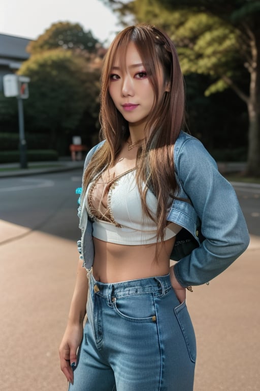 A young japanese girl poses sexy, she is wearing frayed jeans paired with a crop top and crop denim jacket, captured through a 35mm lens set to f/2.8 aperture, ISO 500, illuminated by the soft glow of an off-camera flash, shallow depth of field, background bokeh, natural light, golden hour, high-resolution digital photography, kairi sane hairstyle, kairi sane face, kairi sane makeup