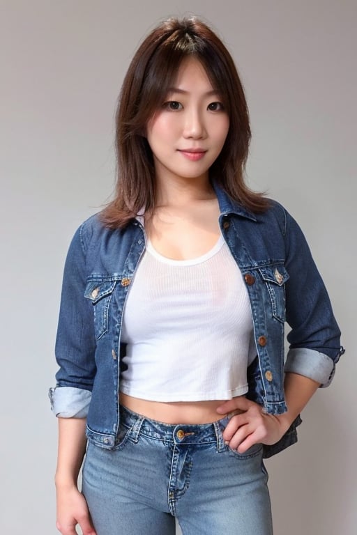 Asuka being a sexy young girl in her 30s, she has a slim body, she is wearing jeans in strong acid wash light blue color, cropped denim jacket in acid wash light blue color and a sexy t-shirt