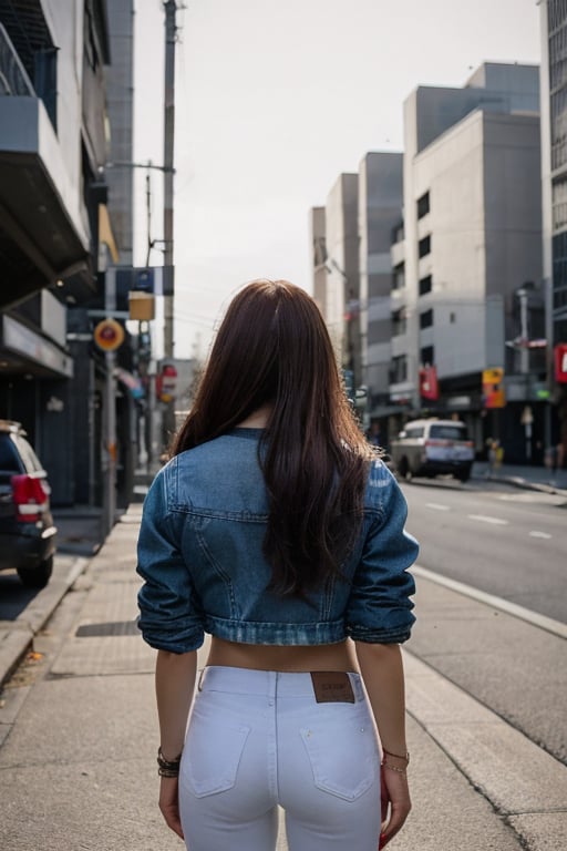 Japanese fashion influencer in her 20s standing candidly, natural pose, white t-shirt, fitted jeans, cropped fitted denim jacket, captured from the back, raw style, red lips, long hair. black eyeshadows, Sony A7III, aspect ratio 1:2, hyperreal, photorealistic quality, dramatic backlighting, soft shadows, depth of field, ultra clear, UHD drawing