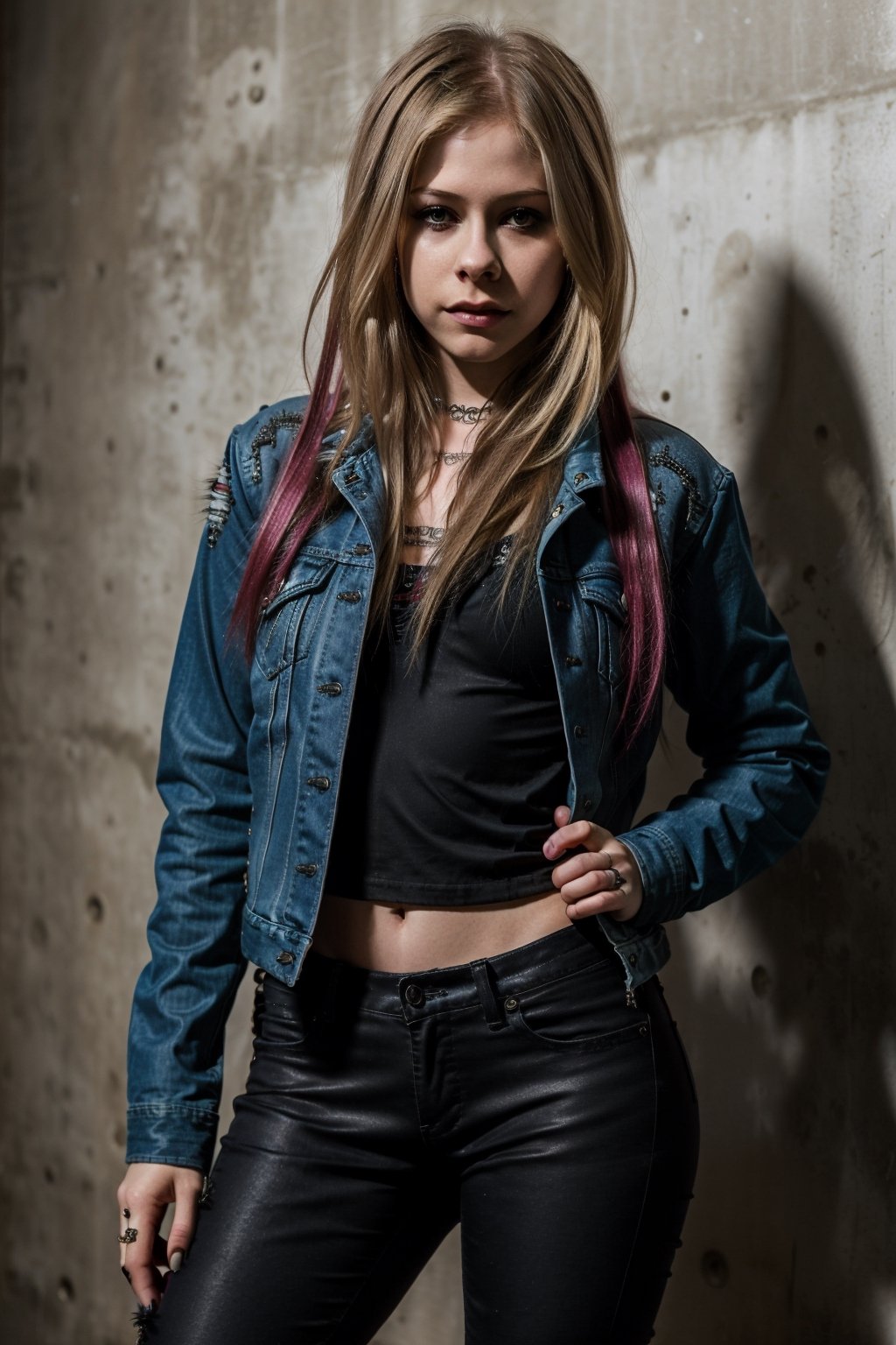 Avril Lavigne, punk girl attire, tight jeans, denim jacket, punk girl makeup, hot dark lips, punk girl hairstyle