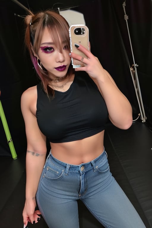 Japanese onlyfans model woman, 36 years old, dark lips, kairi sane hairstyle, typical fashion model woman outfit, large hoop earrings, low-cut crop t-shirt, punk girl makeup, full body shot, slim girl, sexy body, long nails,sexy jeans,Sexy Pose,blackbootsnjeans,1 girl 