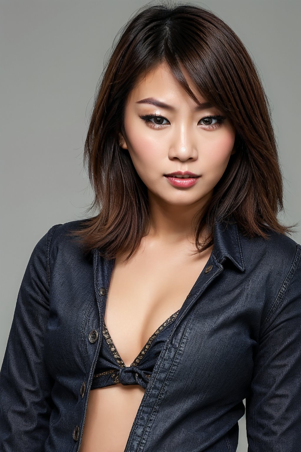 Asian woman, beautiful detailed eyes, sexy supermodel detailed makeup, tight jeans, cropped denim jacket, dark lips, Asuka hairstyle, black eyeshadows,