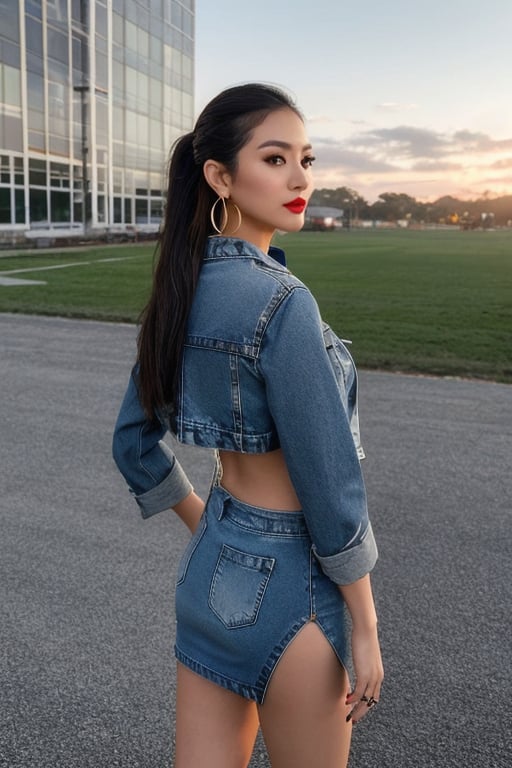 Filipina fashion influencer in her 20s standing candidly, natural pose, tight dress, cropped fitted denim jacket, captured from the back, raw style, red lips, long hair ponytail, black eyeshadows, large hoop earrings, Sony A7III, aspect ratio 1:2, hyperreal, photorealistic quality, dramatic backlighting, soft shadows, depth of field, ultra clear, UHD drawing