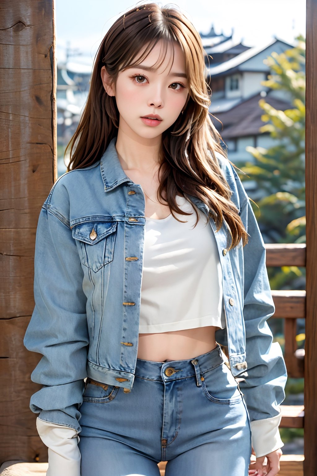 beautiful detailed eyes, tight jeans, cropped denim jacket, kairi sane face, make-up