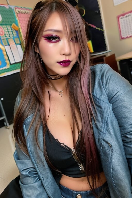 High school japanese teacher woman, beautiful detailed eyes, sexy supermodel detailed makeup, dark lips, black eyeshadows, flirty look, formal attire, denim jacket, full body shot, she is posing and flirting in her classroom