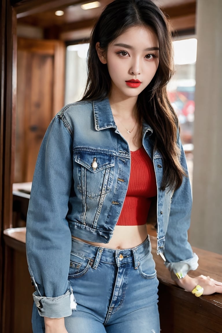 beautiful detailed eyes, tight jeans, cropped denim jacket, rebel girl hairstyle, rebel girl makeup, red lips