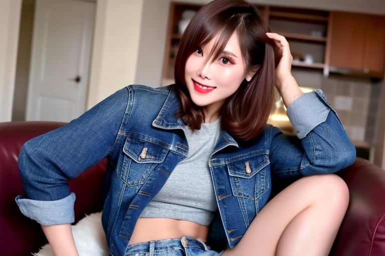 beautiful detailed eyes, tight jeans, tight cropped small denim jacket, punk girl make-up, red lips, posing very sexy and flirting in her apartment, realistic, kairi sane hairstyle, kairi sane face, slender body