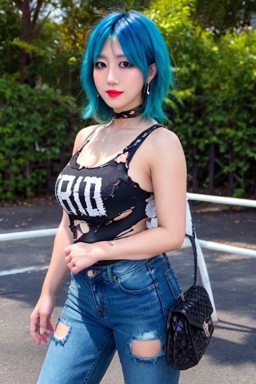 Japanese punk fashion influencer in her 30s standing candidly, defiant pose, she is wearing cool punk clothes, torn jeans, raw style, punk like make up, large hoop earrings, short hair, Asuka hairstyle, blue pink hair, Sony A7III, aspect ratio 1:2, hyperreal, photorealistic quality, dramatic backlighting, soft shadows, depth of field, ultra clear, UHD drawing