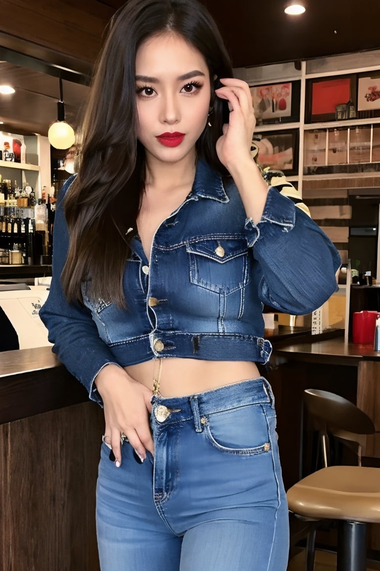 beautiful detailed eyes, tight jeans, cropped denim jacket, kairi sane hairstyle, red lips, black eyeshadow,detailed makeup, she is seducing another girl on a bar,Sexy Pose,blackbootsnjeans,kairisane