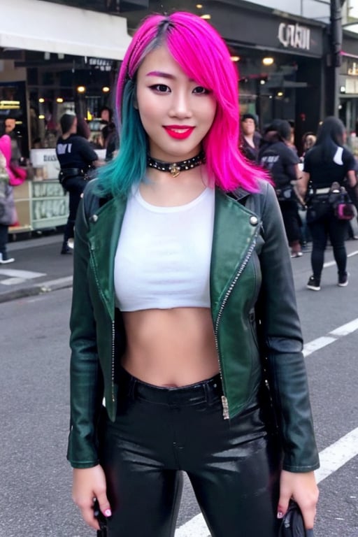 Japanese rebel criminal girl, 17 years old, smile, dark lips, rebel look, punk girl hairstyle, she is staring at the street with her friends, cropped leather jacket, tight leather pants, punk girl makeup, pink green hair color, full body shot, slim girl, sexy body