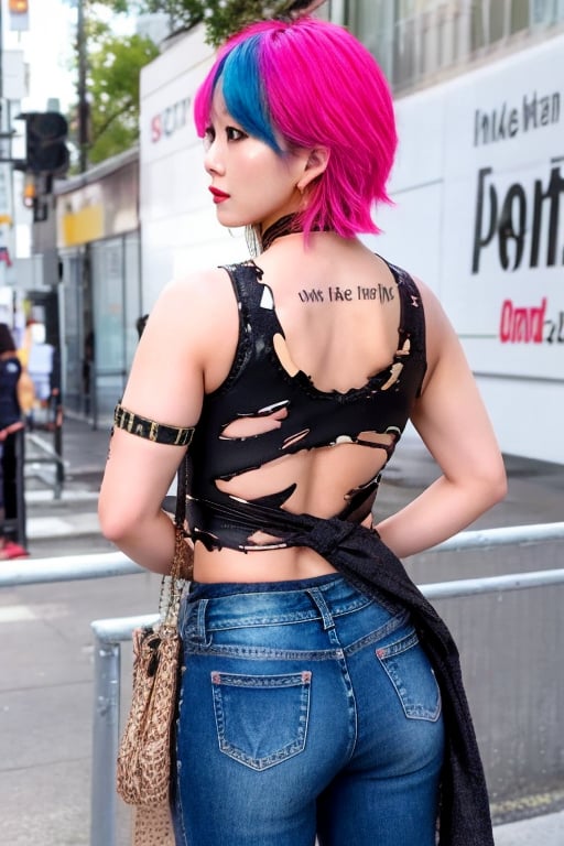 Japanese punk fashion influencer in her 30s standing candidly, defiant pose, she is wearing cool punk clothes, torn jeans, leather bracelerts, waist chain, punk fashion, raw style, punk like make up, large hoop earrings, short hair, Asuka hairstyle, blue pink hair, Sony A7III, aspect ratio 1:2, hyperreal, photorealistic quality, dramatic backlighting, soft shadows, depth of field, ultra clear, UHD drawing