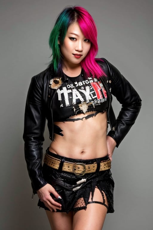 Asuka is a 42 years old punk girl wearing a punk rocker girl attire, hot skirt, short cropped leather jacket, torn shirt, punk rocker girl hairstyle, she is posing for a photoshoot