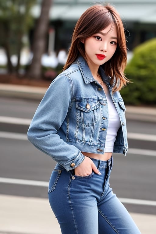 beautiful detailed eyes, tight jeans, cropped denim jacket, kairi sane hairstyle, red lips