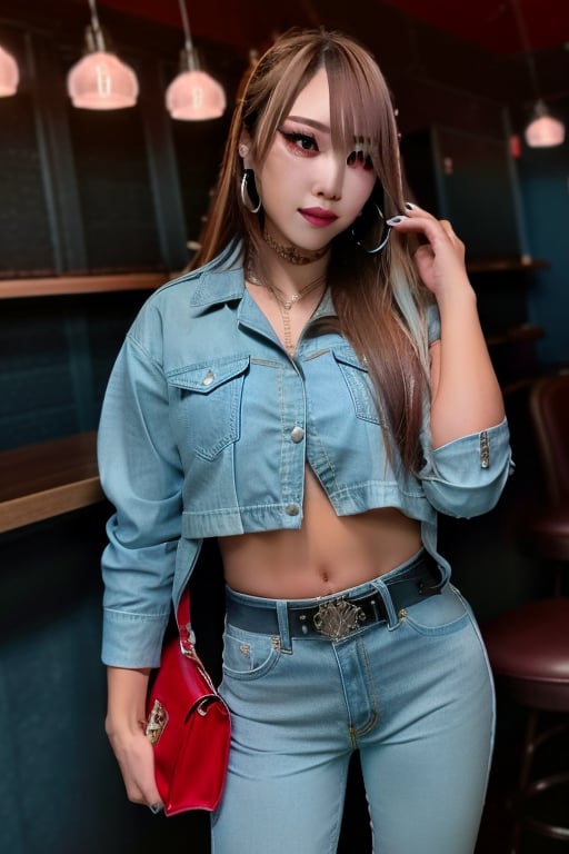 Stunningly beautiful rich glamourus japanese girl, 36 years old, Kairi Sane hairstyle, she is posing flirty in a bar and smoking a cigarette, flirty lips, hot kairi sane make-up (wearing real genuine levis jeans in light blue color) (wearing sexy cropped shirt) (wearing fashionist belt) (cropped levis denim jacket in light blue color) (small handbag) (hoop earrings) High quality photos, 8k extreme detailed