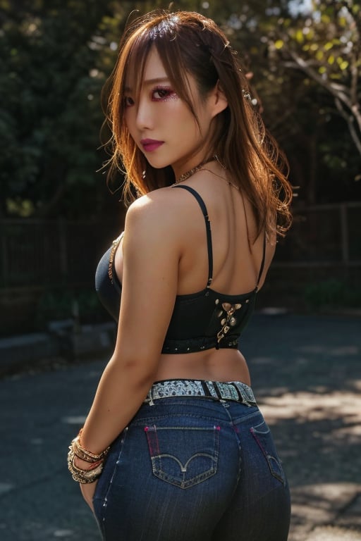 Japanese hot girl 36 years old standing candidly, flirty pose, she is wearing levi's clothes, hot latina baddie girl outfit, jewel bracelerts, waist chain, fashion outfit, raw style, punk like make up, large latina hoop earrings, kairi sane latina hairstyle, blonde hair, Sony A7III, aspect ratio 1:2, hyperreal, photorealistic quality, dramatic backlighting, soft shadows, depth of field, ultra clear, UHD drawing