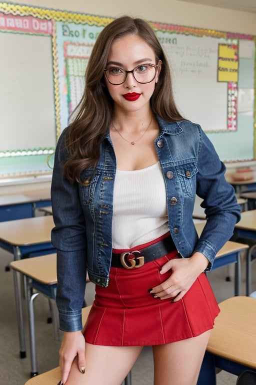 High school teacher girl, sexy denim jacket, black mini skirt, gucci belt, formal makeup, formal attire, red lips, cute style, she is wearing glasses, formal hairstyle, she is posing sexy inside her classroom,JeeSoo ,bzsohee,blackbootsnjeans