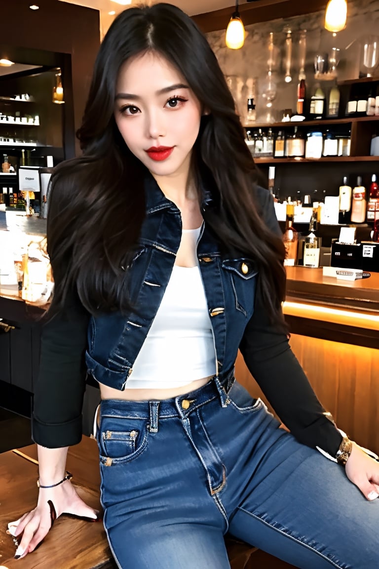 beautiful detailed eyes, tight jeans, cropped denim jacket, kairi sane hairstyle, red lips, black eyeshadow,she is flirting on a bar,Sexy Pose,blackbootsnjeans