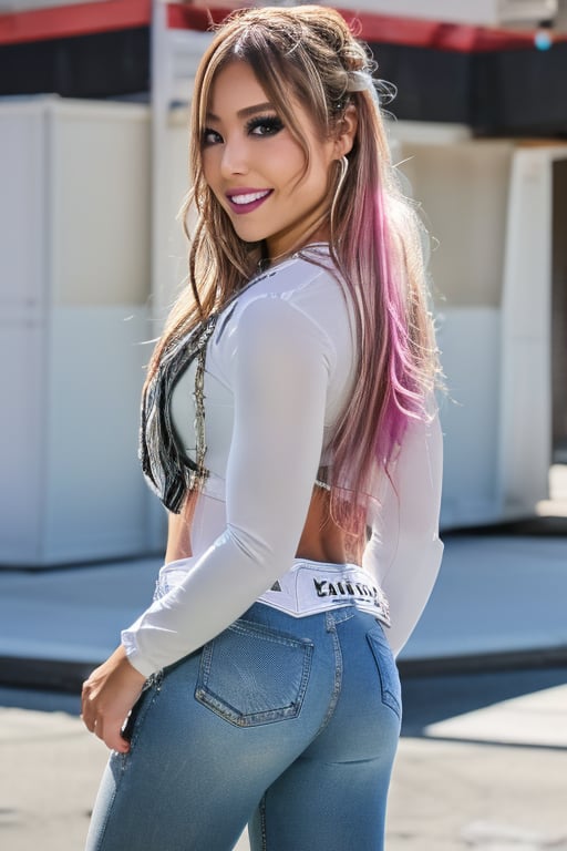 American fashion influencer resembling a hybrid of Kairi Sane and Alexa Bliss in her 22s standing candidly outside, sexy pose, white t-shirt, tight levis jeans acid wash color, levis acid wash light blue denim jacket, captured from the back raw style, fashion lips, hybrid hairstyle, black eyeshadows, large hoop earrings, flirty smile, Sony A7III, aspect ratio 1:2, hyperreal, photorealistic quality, dramatic backlighting, soft shadows, depth of field, ultra clear, UHD drawing