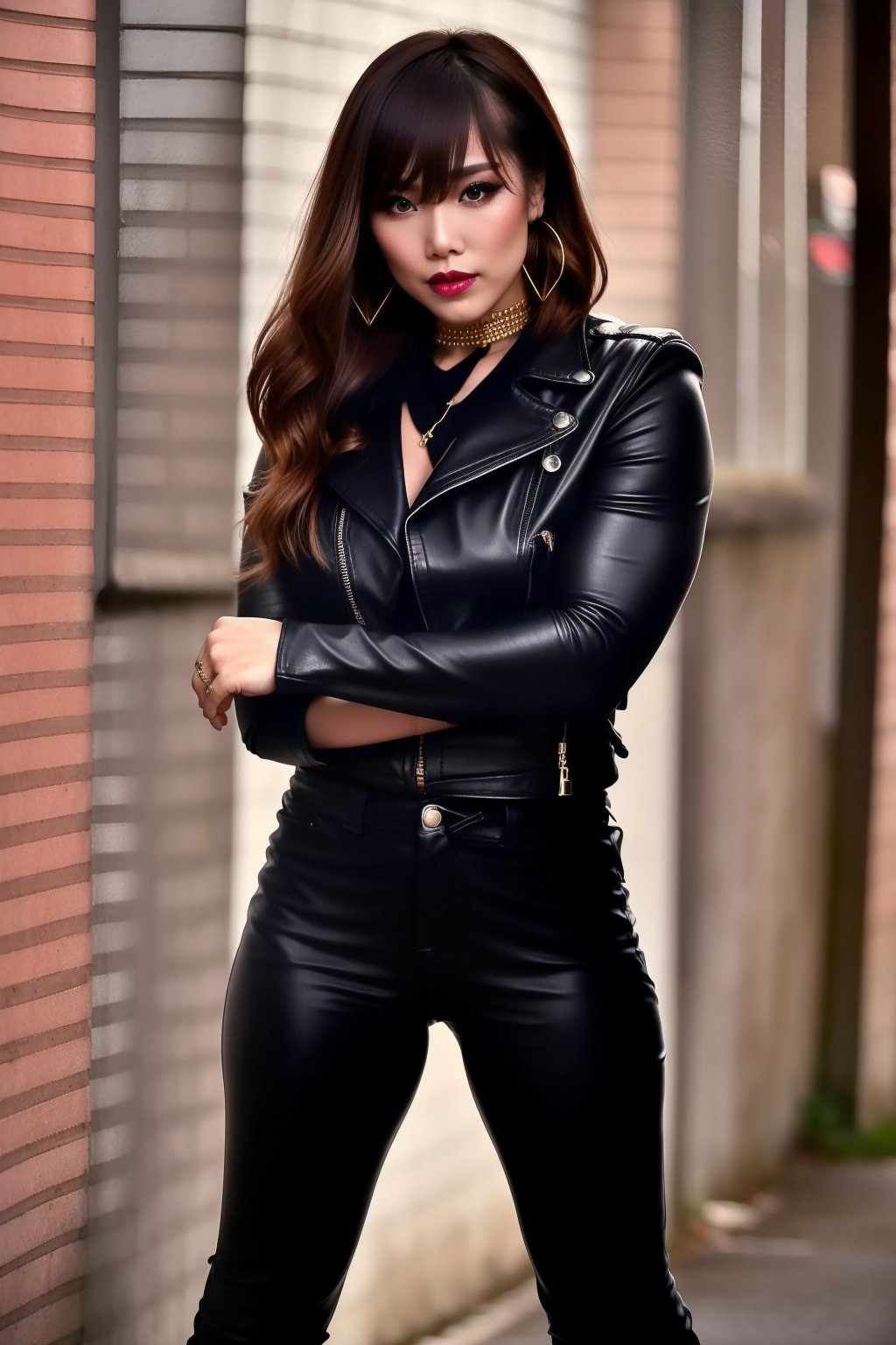 beautiful detailed eyes, sexy supermodel detailed makeup, dark lips, kairi sane hairstyle, black eyeshadows, flirty look, tight leather pants, punk girl leather jacket, hoop earrings, long black nails, full body shot,kairisane