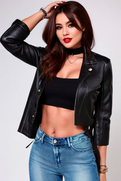 Bad and rebel girl having a good time in a photoshoot model for a jeans brand, slim body, she is wearing a rebel and bad girl outfit with tight jeans and a cropped denim jacket to her waist