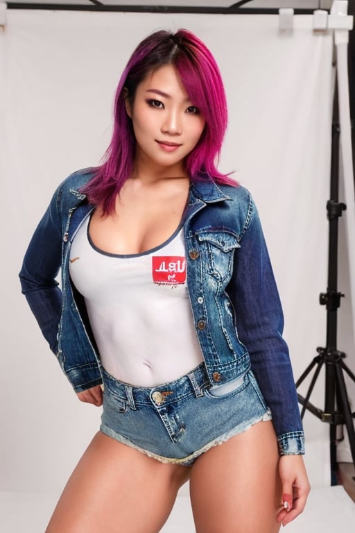 Asuka is a hot rebel and bad girl posing sexy in a Levi's photoshoot studio looking naughty at the camera, she is wearing Levi's jeans, Levi's denim jacket and a sexy Levi's t-shirt