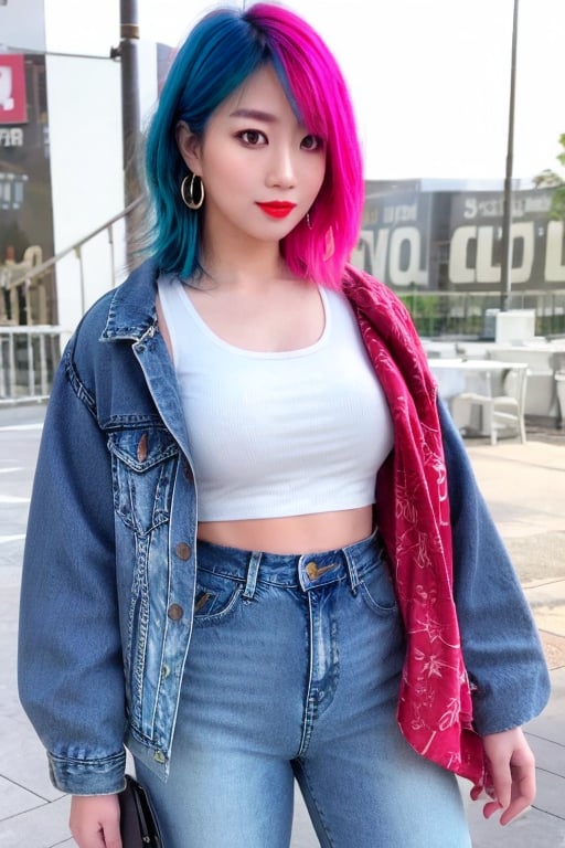 Japanese fashion influencer in her 18s standing candidly, natural pose, tight jeans, cropped fitted acid wash pattern denim jacket, raw style, red lips, black eyeshadows, large hoop earrings, short hair, Asuka hairstyle, blue pink hair, Sony A7III, aspect ratio 1:2, hyperreal, photorealistic quality, dramatic backlighting, soft shadows, depth of field, ultra clear, UHD drawing