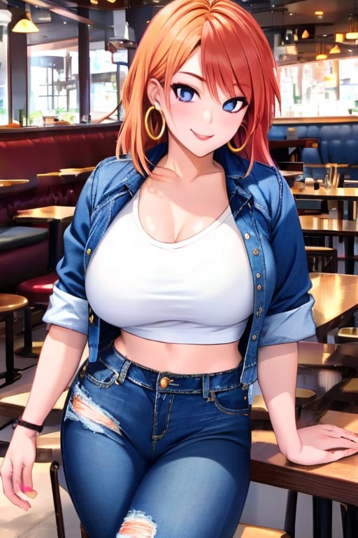 A hot baddie japanese girl is having a date and is flirting with you in a restaurant wanting to be your girlfriend, beautiful detailed eyes, flirty beautiful perfect smile, hot jeans in light blue color, cropped denim jacket, hoop earrings, asuka face, baddie make-up,asuka, full body shot