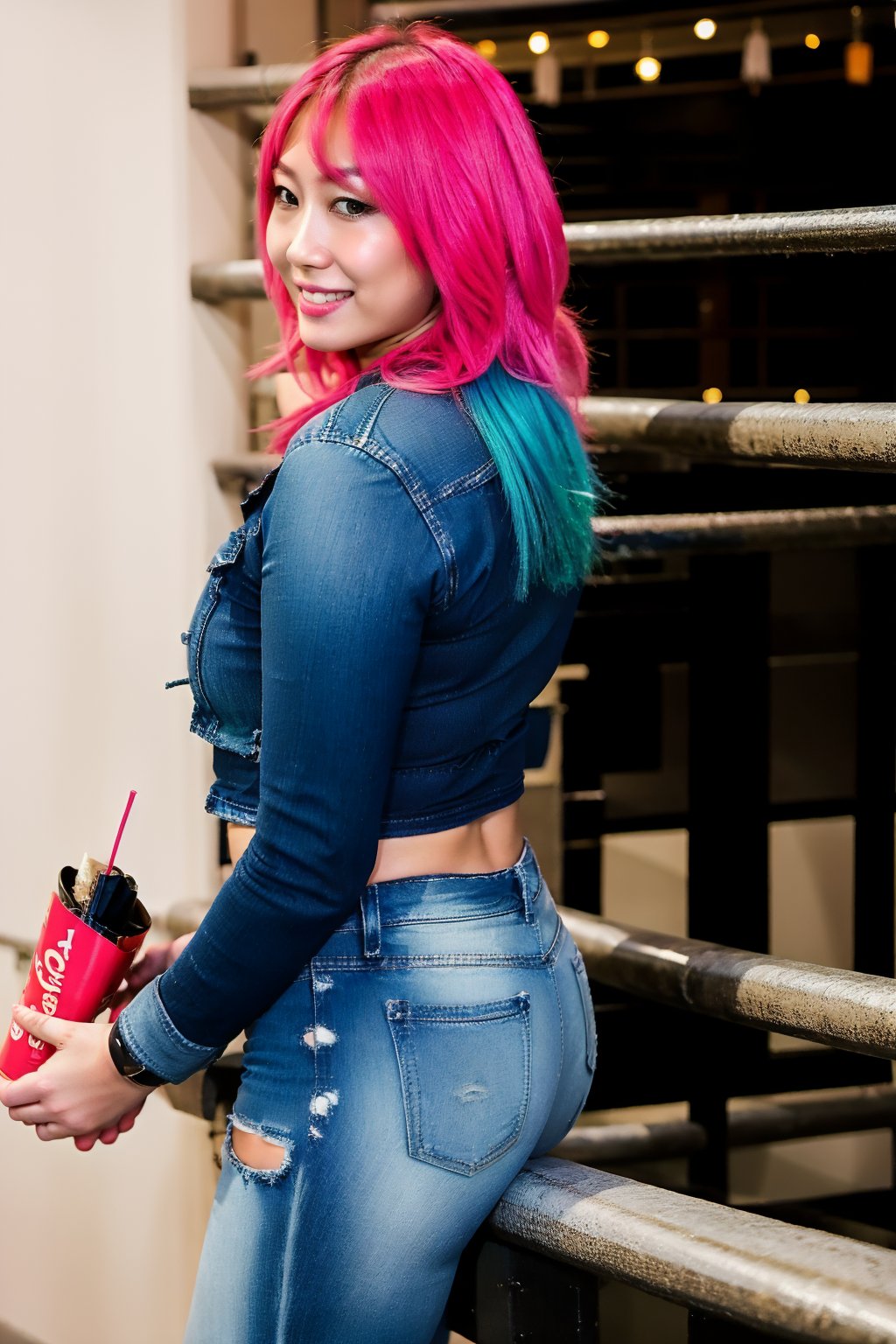 hot japanese girl, tight jeans, cropped denim jacket, asuka make-up, asyuka face, asuka hairstyle, pink blue hair color, smiling, posing sexy and smoking a cigarette, realistic, full body shot,blackbootsnjeans,hot girl