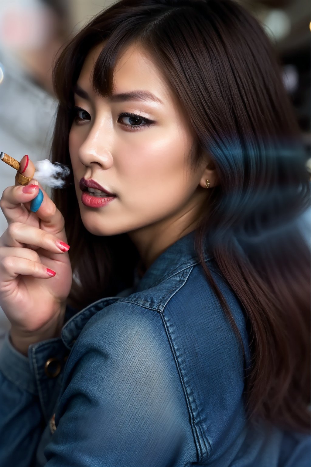 sexy supermodel smoking cigarettes, japanese girl, detailed makeup, dark lips, asuka hairstyle, hot lips, tight light blue jeans, light blue denim jacket