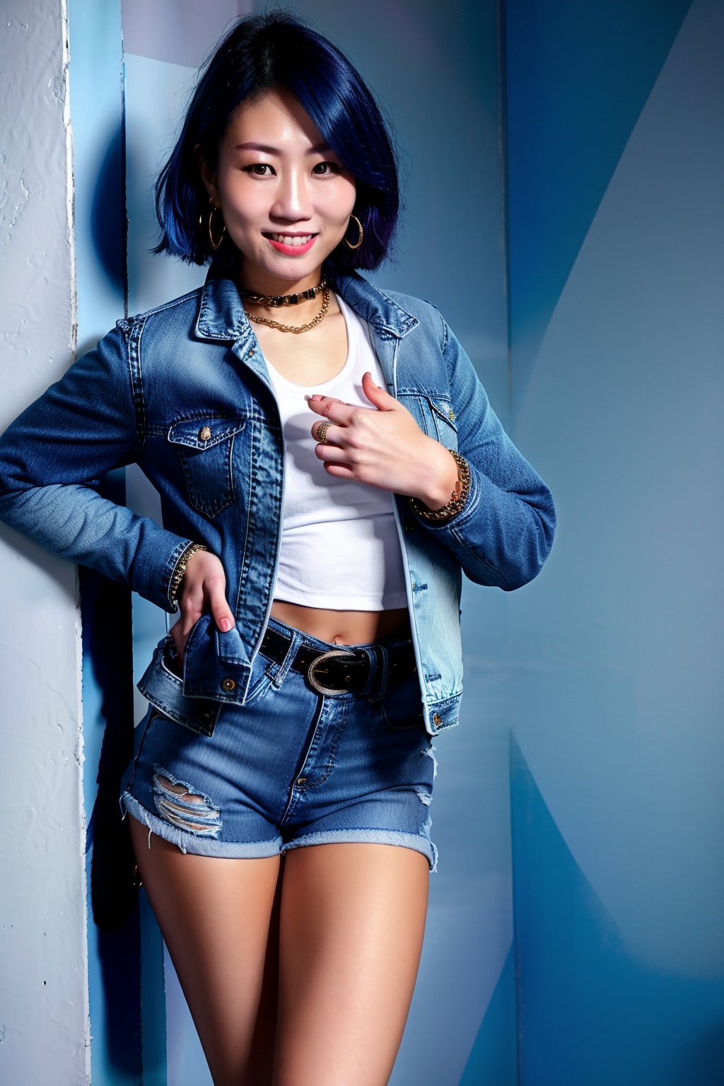 Japanese woman wearing cropped light blue denim jacket and tight light blue jeans, 19 years old, punk belt, fashion girl make-up, big hoop earrings, flirty lips, smile, she is dating with you in a night club, short hair