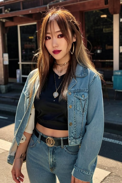 Japanese levi's girl 36 years old standing candidly, flirty pose, she is wearing levi's clothes, jewel bracelerts, waist chain, fashion outfit, levi's denim jacket ex-boyfriend type, raw style, punk like make up, large hoop earrings, long hair, kairi sane hairstyle, blonde hair, Sony A7III, aspect ratio 1:2, hyperreal, photorealistic quality, dramatic backlighting, soft shadows, depth of field, ultra clear, UHD drawing