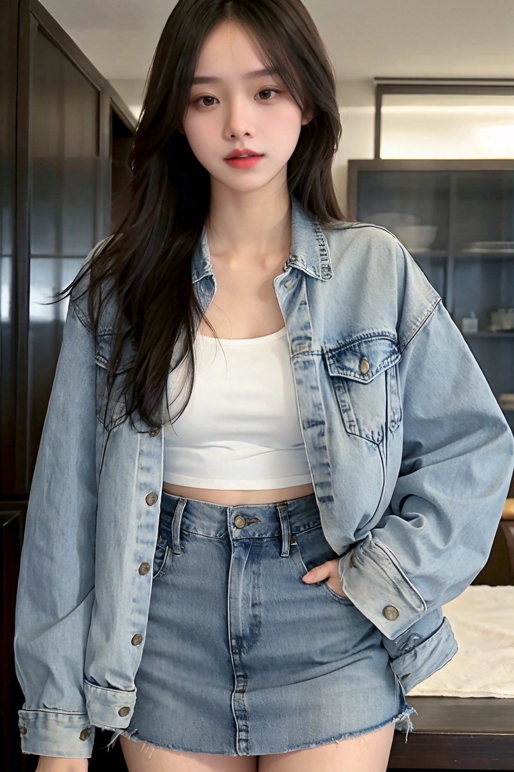 beautiful detailed eyes, denim miniskirt, cropeed denim jacket