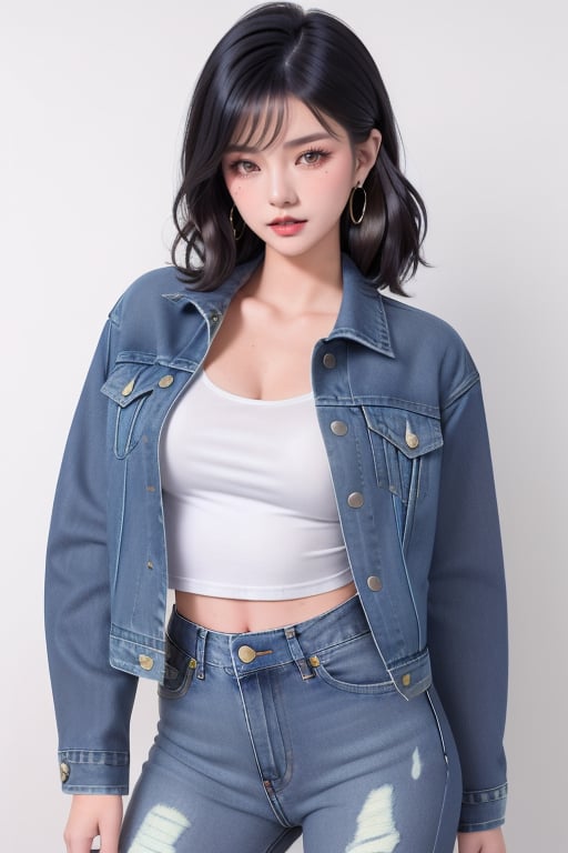 supermodel asian girl, 19 years old, beautiful detailed eyes, t, make-up, dark lips, posing sexy, 80s hairstyle, loose 80s levis jeans type, jack daniels t-shirt resemble, 80s levi's denim jacket type in very strong acid wash blue color, large hoop earrings